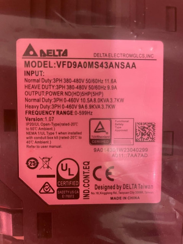 Delta Electronics Vfd9a0ms43ansaa Ms300 380v-480v 5hp