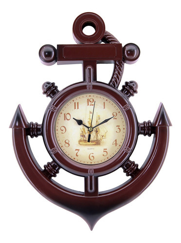 Relógio De Parede Timão Ancora Decoração Retrô Navio Cor da estrutura Marrom-escuro Cor do fundo Bege