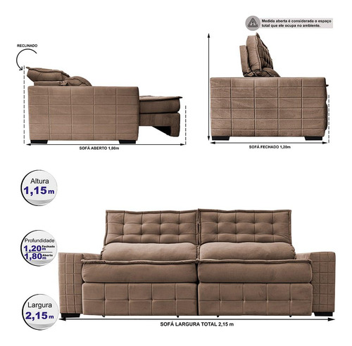 Sofá Retrátil 2,15m Cama Inbox Big Puffer. Com Softgel d40 Cor Castor