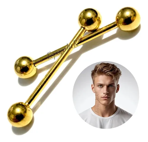 Piercing Grande Industrial Dourado Transversal Inox Bolinhas