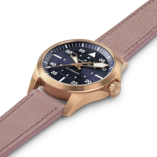 Reloj Hamilton Khaki Aviation Pilot Auto H76245840 Correa Rosa Bisel Oro Rosa Fondo Azul