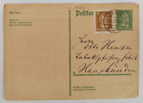 Alemania Entero Postal Circulado Desde Penig 15-9-27