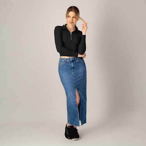 Blusa Corta Manga Larga Cremallera Mujer Cuello V Ajustada