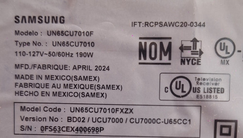 Main Samsung Un65cu7010f Kantsu2e_cu7000c0b Version Bd02 (Usado)