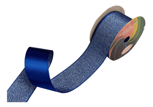 Fita De Cetim Lurex 38mm Sinimbu Nº9 | 10 Metros Cor Azul Royal Brilho Prata Liso