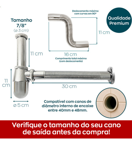 Sifão Copo Cromado Metal 7/8 para Pia Suspensa Cuba com Sifao Aparente Banheiro Luxo Sifao de Parede com Tubo Ajustável Lavatório Lavabo Dona D.cor