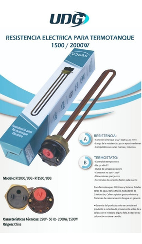 Imagen 2 de 9 de Kit Resistencia 1500 2000 W Termostato Termotanque Electrico