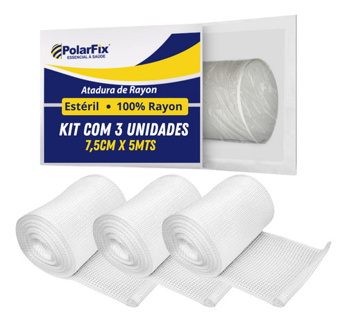Atadura Rayon Bandagem Estéril 7,5cm X 5 Metros 3 Unidades