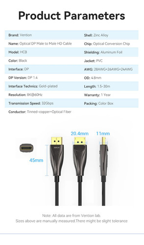 Cable Fibra Optica Display Port 1.4 Vention - Certificado Profesional - 8k Hdr G-sync Hdcp Earc - Hasta 240hz 32 Gbps - 30 Metros - Premium - Para Pc Gaming Proyector Gamer Monitor Pantalla - Hcbbt