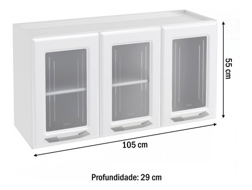 Armário Aéreo Cozinha Em Aço Topázio 3 Portas Com Vidro Cor Branco