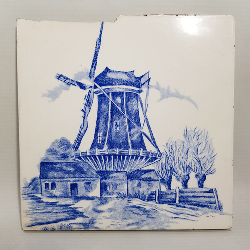 Antiguo Azulejo Tipo Delft Molino Azul Con Avería 15 Cm 7029