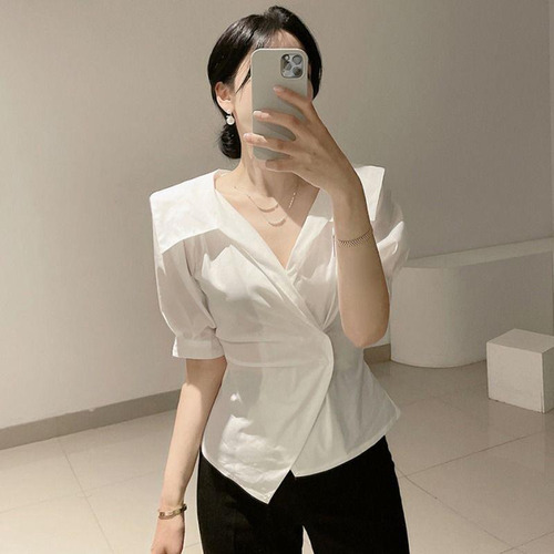 Blusa Elegante Con Cuello En V Y Manga Abullonada Para Mujer