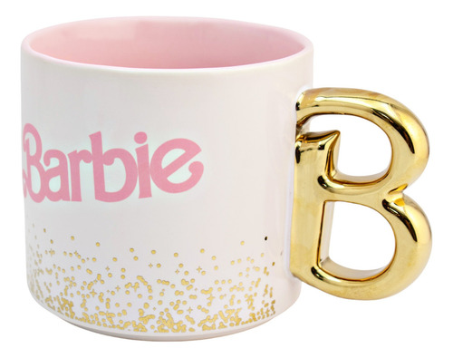 Taza Cerámica Barbie Mattel Con Asa Letra B Metalizada 502ml Color Blanco/rosa