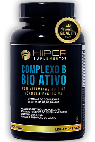 Suplemento Multivitaminico Hiper Suplementos Complexo B K2 E D3 Bio Ativo 60 Cápsulas Vitaminas e Minerais Auxilia No Metabolismo Celular Imunidade Absorção de Cálcio Nutriente