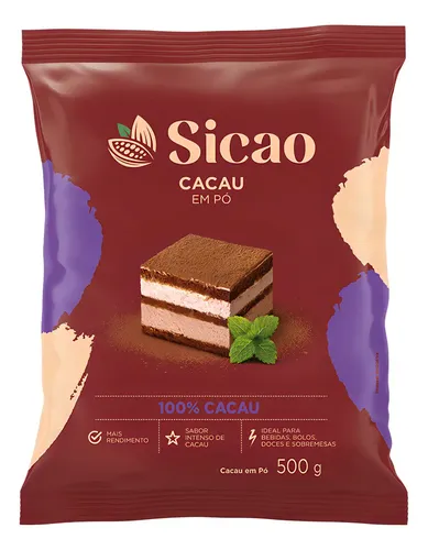 Cacau em Pó SICAO 100% Puro, Sem Açúcar e Glúten, 500g