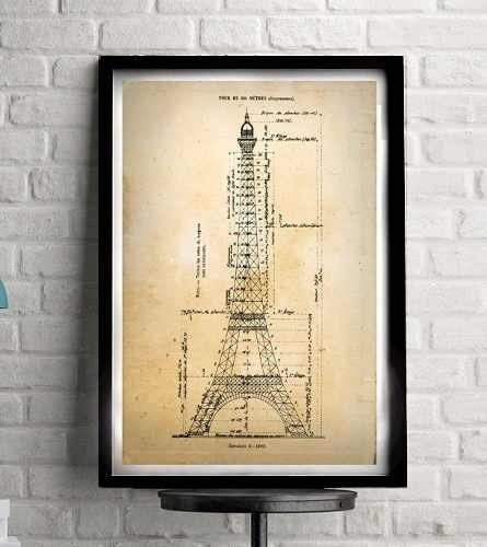 Cuadro Vintage París Torre Eiffel Plan Construcción 40 X 60