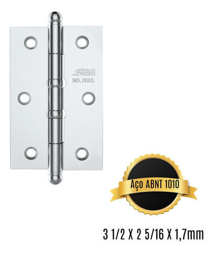 Kit 3 Dobradiça Stam Com Rolamento Canto Quadrado Cromado