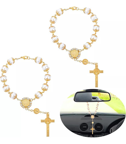 Colgante Para Espejo Retrovisor Con Cruz Rosario 2 Pzs