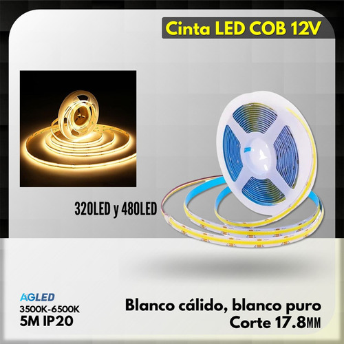Cinta Led Cob Blanco Calido 5m 12v 320led Ip20