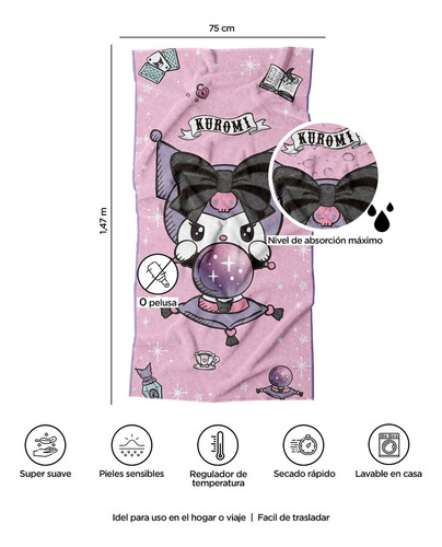 Toalla Premium Para Baño 75x147cm Kuromi Crystal Providencia Color Rosa
