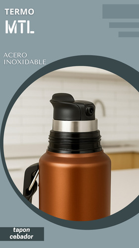 Termo Mtl 1 Litro Acero Inoxidable Pico Cebador Mate System Color Dorado Tapa Vaso Térmico Doble Pared Reforzado Alta Resistencia Líquidos Calientes Fríos