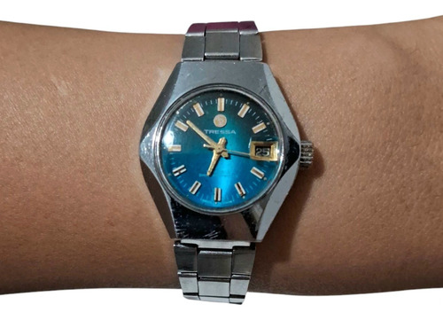 Reloj Pulsera Tressa Mujer A Cuerda Vintage 17 Jewels Plateado Plateado Turquesa Tornasolado (Usado)