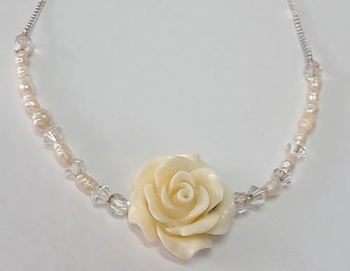 Collar Rosa Y Perlas Auténticas Cristal De Roca Gargantilla