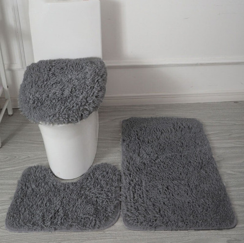Jogo De Banheiro Kit 3 Felpudo Peludo Antiderrapante Cor Cinza