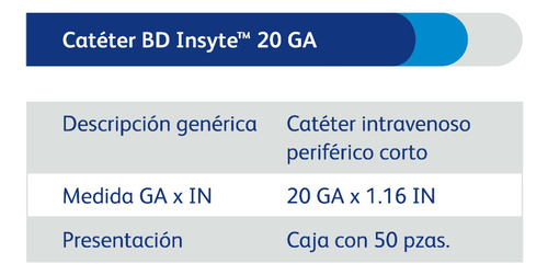 Catéter Bd Insyte, 20 Ga X 1.16 In- 50 Piezas