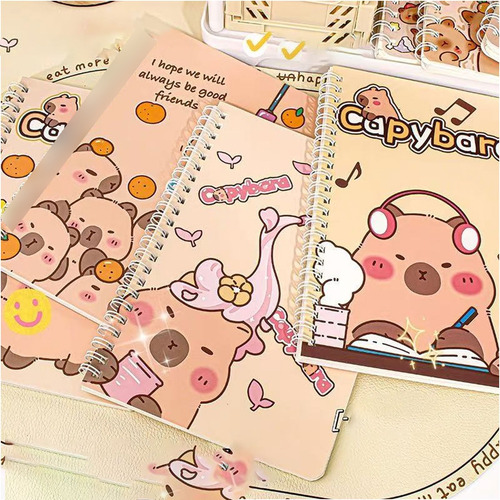 8pcs Libreta A5 Estilo Capybara+8 Bolígrafos Marrón Claro