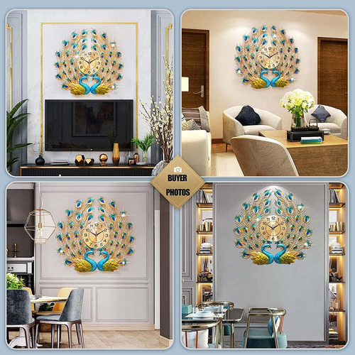 Eurson Large Peacock Wall Clock 27.6 Inch Non-ticking Sil...