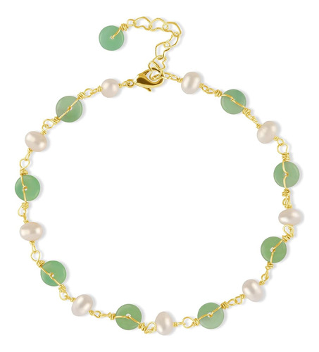 Pulsera De Tobillo De Jade Verde Perla De Agua Dulce Ca...