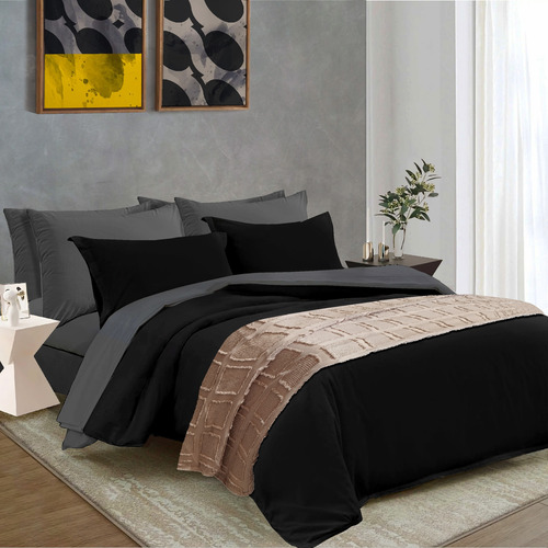 Oh!sheets Juego De Edredon Microfibra 11 Piezas Matrimonial Negro/gris Lisa