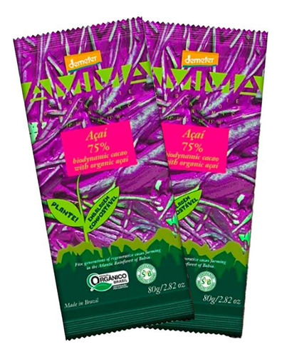 Kit 2x: Chocolate 75% Cacau Açaí Orgânico Biodinâmico Amma