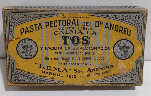 Antigua Caja De Cartón Pasta Pectoral Del Dr. Andreu. (Usado)