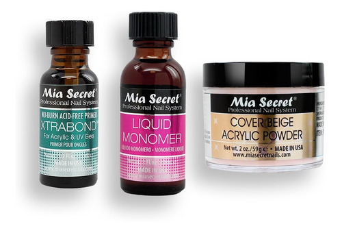 Mia Secret Liquido 30ml, Cover Uñas 59gr, Primer 15ml. Nice