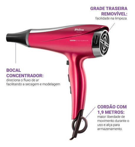 Secador De Cabelos Psc2300 Motor Dc 2200w Philco Bivolt Vermelho