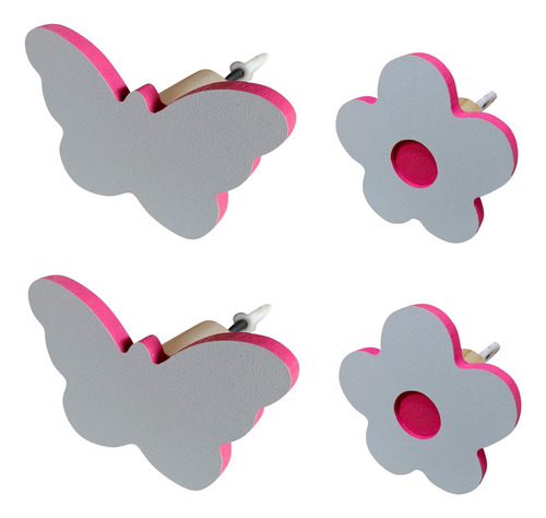 4 Ganchos De Parede Borboleta E Flor Infantil Bolsa Mochila Cor Rosa