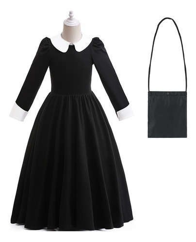 Vestido Negro Con Bolsa Niña Halloween Cosplay Merlina Adams