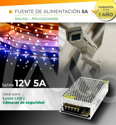 Imagen 5 de 7 de Fuente Switching Metal 12v - 5a Tira Led Cctv Trafo Para Ent