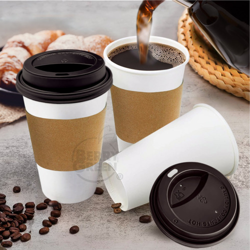 Berry Green 500 vasos desechables para café 16 oz (473 ml) con tapa y manga protectora resistentes sin derrames biodegradables ideales para bebidas calientes