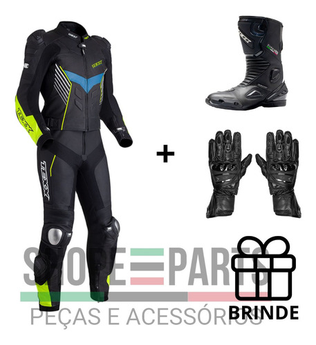 Kit Macação Pista 2 Peças Luva Gp Race Bota Super Tech Texx