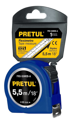 Flexómetro Azul, 5.5m, Cinta 19mm, Pretul Plástica 28023