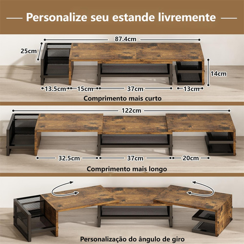 Suporte Monitor Base Informática Prateleira Setup Extensível Marrom