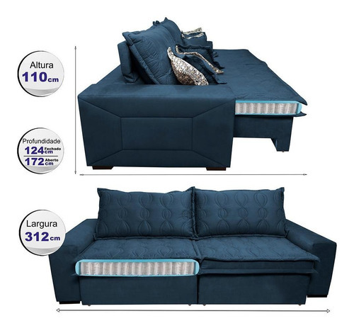 Sofá Retrátil 3,12m Pocket Cama Inbox Supreme Suede Azul