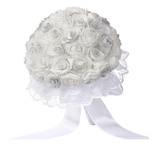 Imagen 3 de 10 de Ramo De Mano De Novia De Plástico Artificial, Rosa Blanca