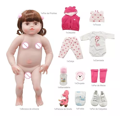 Boneca Bebê Reborn Realista Roupa de Girafinha 100% Silicone