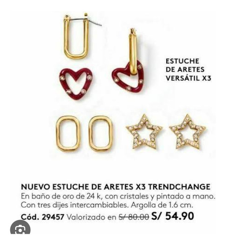 Aretes X 3 Pares Intercambiables Finart Ésika Baño Oro 24k