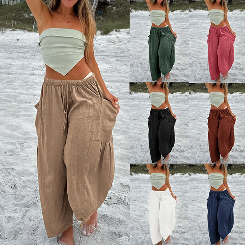 Pantalones Anchos Con Cordón De Lino Y Algodón Para Mujer