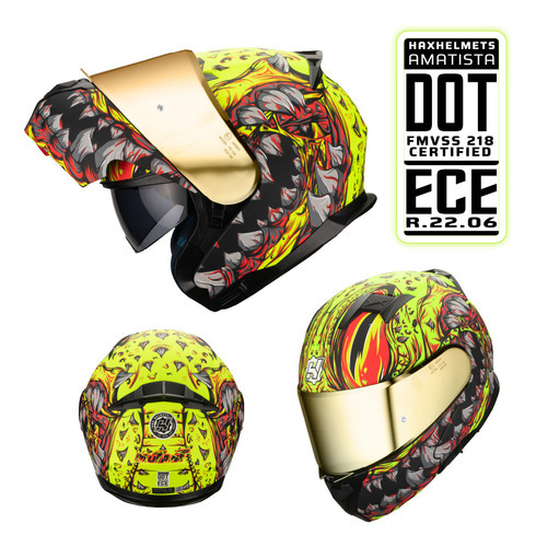 Hax Helmets. Casco Para Moto. Dot + Ece 06. Amatista Mutant Color Amarillo Fluo Tamaño Del Casco Xl - Extra Grande